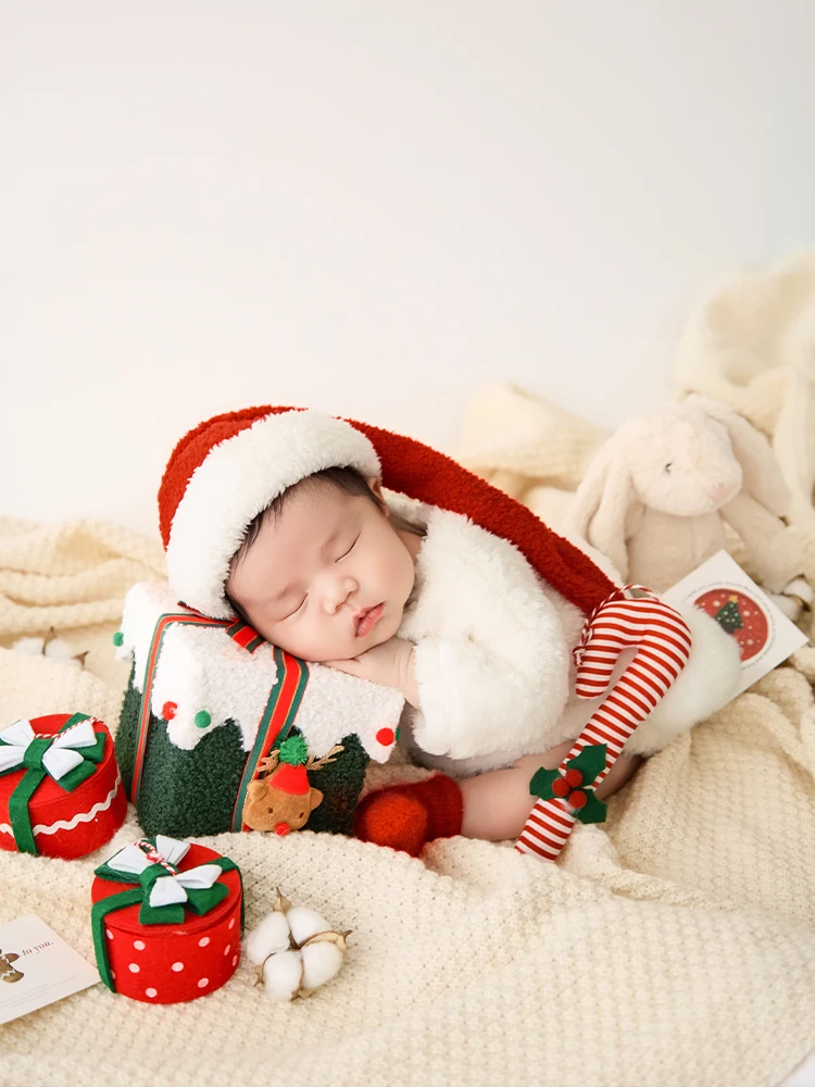 المهنية الطفل عيد الميلاد موضوع التصوير الدعائم مجموعة سانتا الزي + قبعة قصب الحلوى هدية صغيرة صندوق ديكور لالتقاط الاستوديو الوليد #2