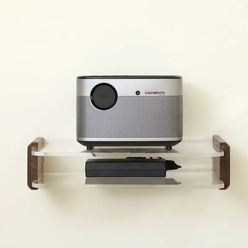 

Solid Wood Wall Mounted Projector Shelf Acrylic Media Organizer Walnut Double Layer Storage Shelf for Living Room