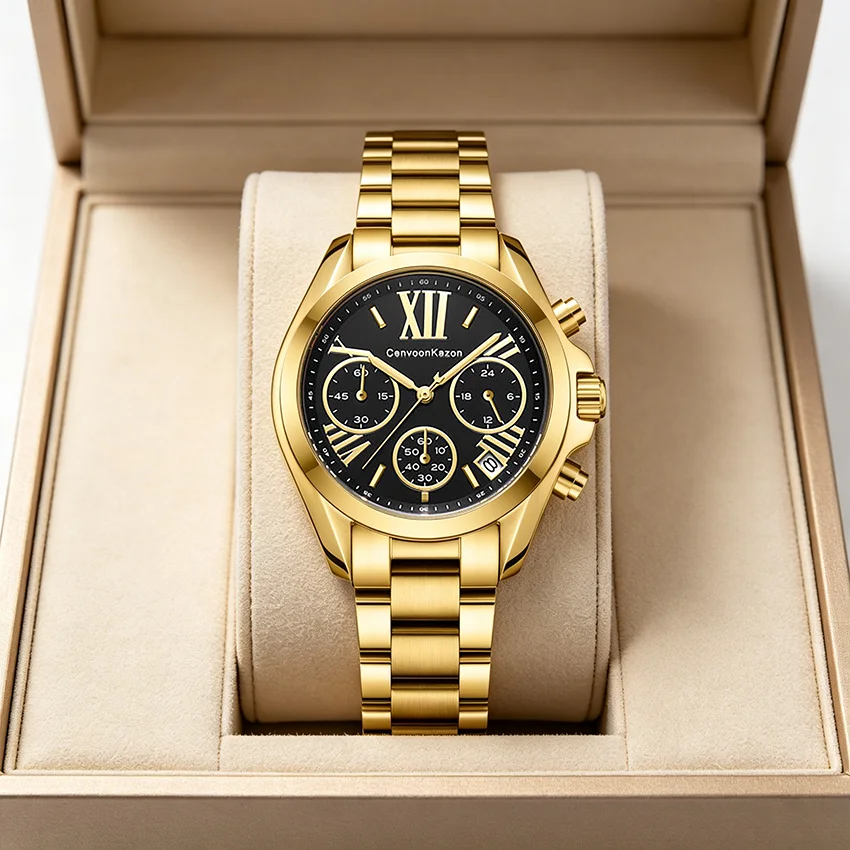 Gold Color Women Watch Luxury Fashion Chronograph Quartz Watch Stainless Steel Band Date Waterproof Reloj Mujer 2026