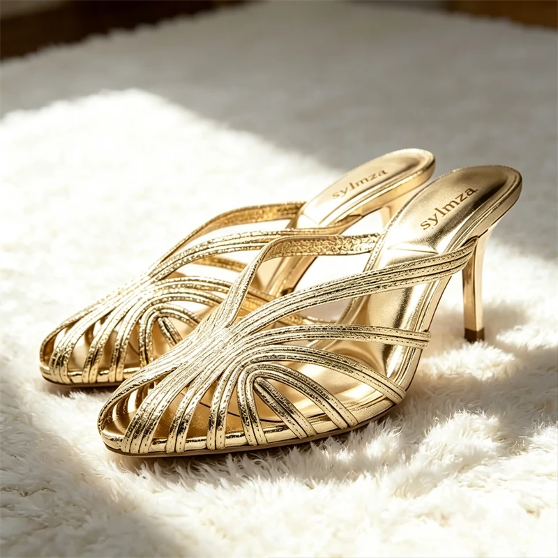 Golden Narrow Band Design Brand High Heel Slippers Women Fashion Pointed Toe Thin Heel Slide Sandals Elegant Banquet Dress Shoes