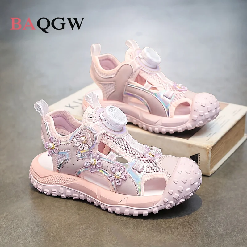 2026 Comfy Rotating Buckle Flower Pink Sports Sandals Breathable Anti Slip Closed Toe Shoes for Girls Summer Outdoor Wear