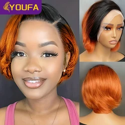 YOUFA 1B/350 Pixie Cut Human Hair Wigs Raw Indian Straight Human Hair 2 Tone Ombre Caramel Color Short Pixie Cut Human Hair Wigs