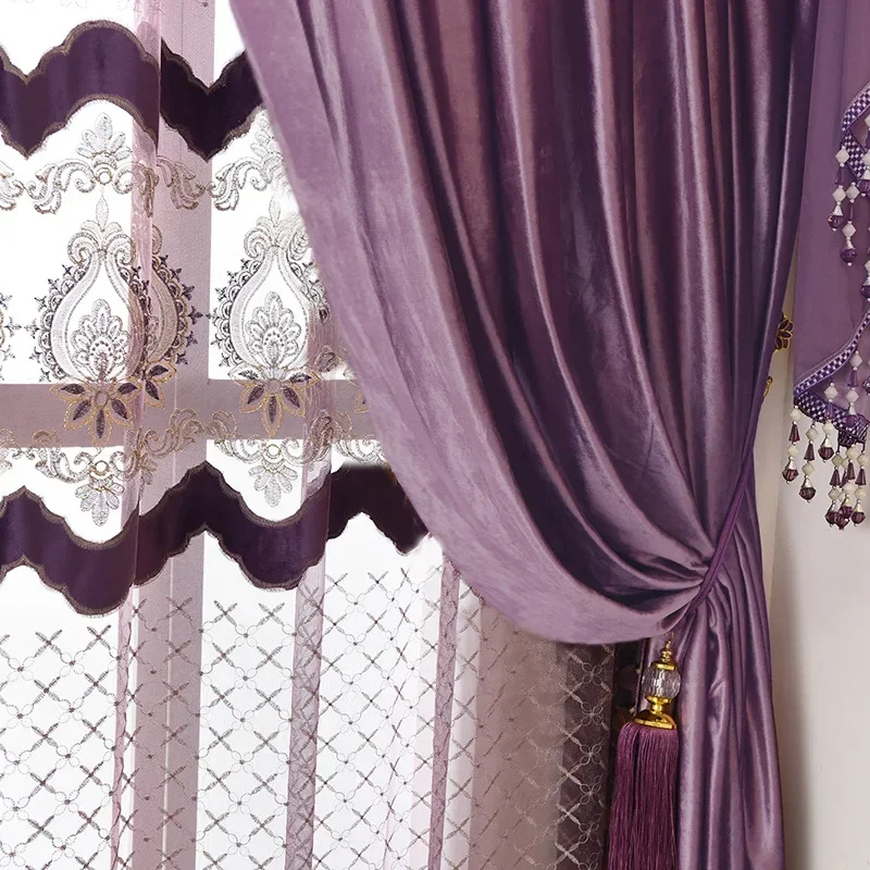 

European Style Luxurious Purple Curtains American Style Matte Velvet Curtains For Living Dining Room Bedroom Customized Size