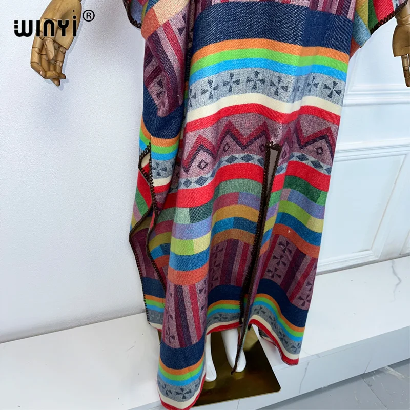 Winyi Winter Boho Nationale Wind Print Vakantie Kaftan Avondjurk Elegant Gewaad Afrika Vrouwen Kaftan Vrouwen Feest Cape Jurk Vrouwen