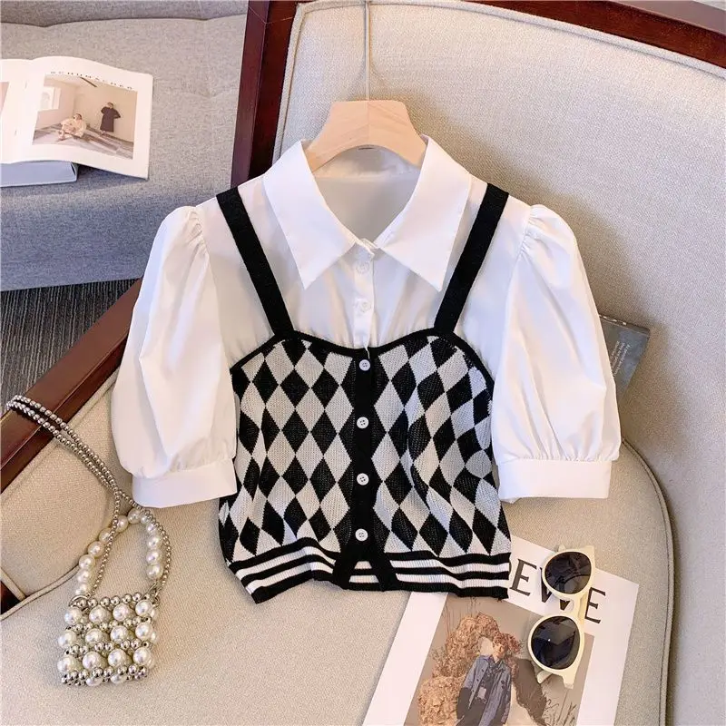 EBAIHUI Summer Fake Two-piece Women Short Sleeved Shirt Summer Short Puff Sleeve Ladies Blouse Korean Casual Lapel Neck Top 2024