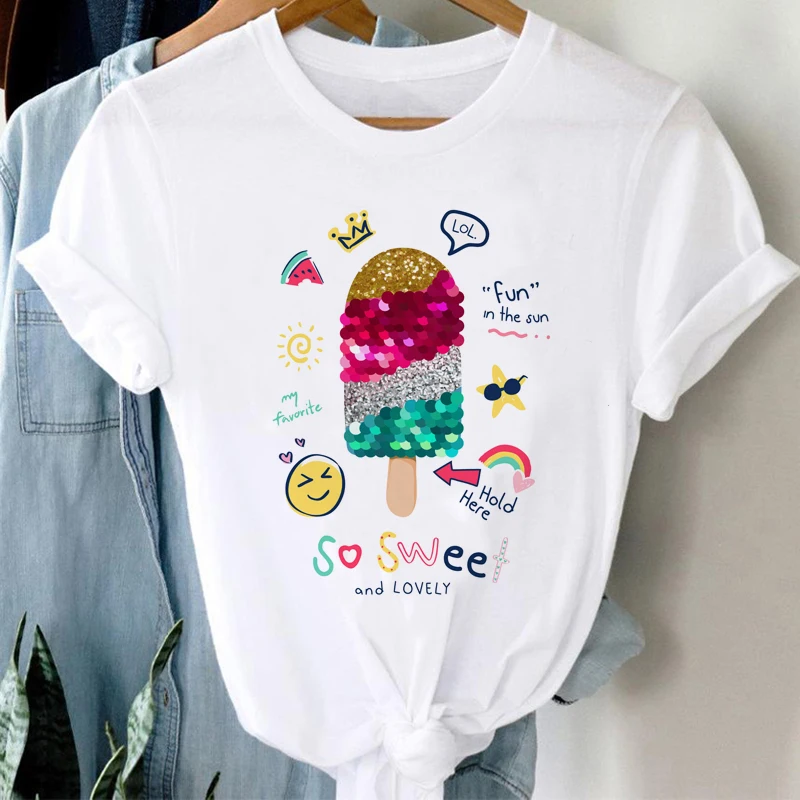 Women Ice Cream Casual Cute Beach 90s Cartoon Short Sleeve Graphic Summer Fashion Print Female Clothes Tops Tees Tshirt T-Shirt