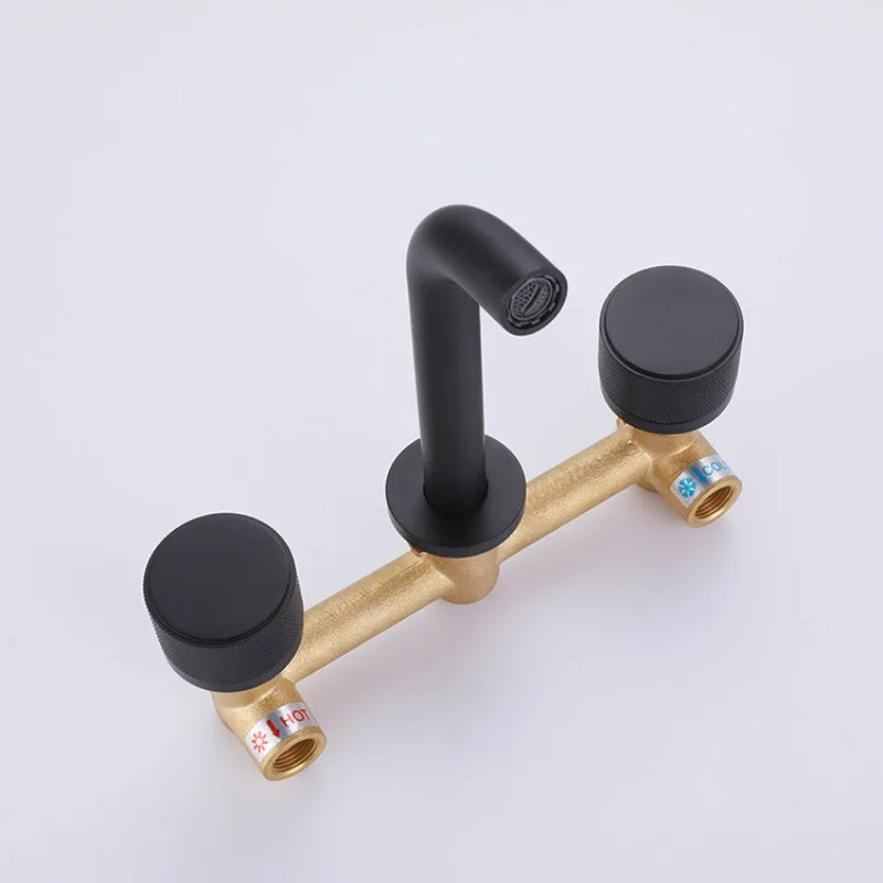 Imagem -04 - Solid Brass Double Handle Três Furos Parede Torneira Bacia do Banheiro Hot Cold Mixer Tap Black Basin Tap Roda Recartilhado Tap