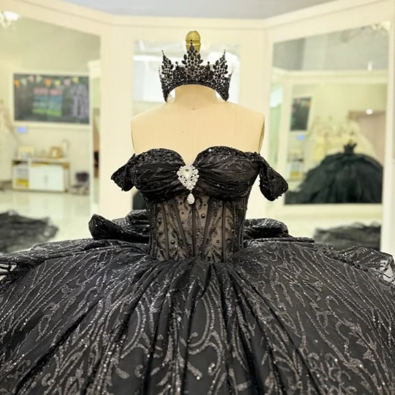 

Shiny black Quinceanera Dress off-shoulder Lace layering glitter decal Bow Long tail vestidos de 15 Quinceanera ﻿Customize