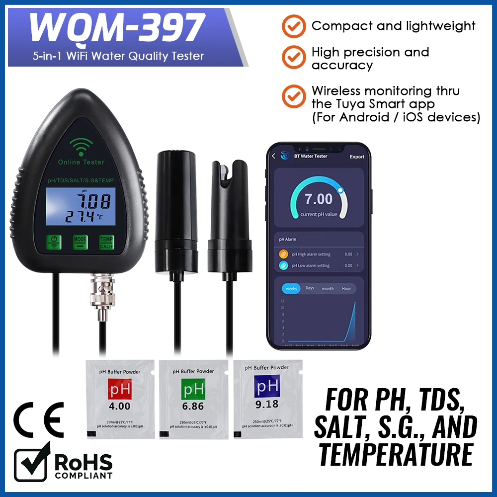 

WIFI Smart PH Meter 5-in-1 TDS Salt S.G Temperature Water Ph Meter For Ph Pool Hydroponics Aquaculture Quality Tester