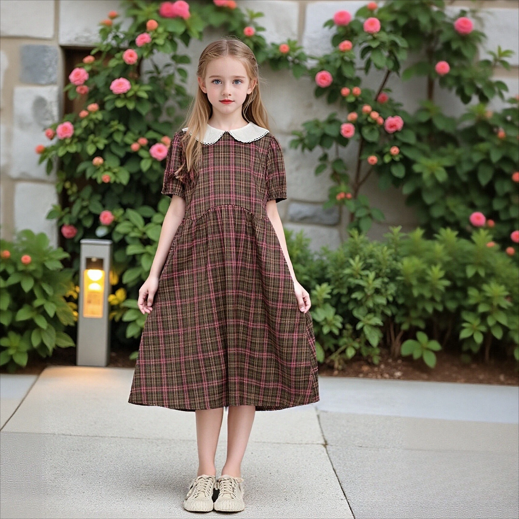 

Платье миди в клетку для девочек с воротником Питер Пэн, пышными рукавами, А-силуэтом, фестончатой отделкой, в стиле преппи, для повседневной носки, школы и отдыха