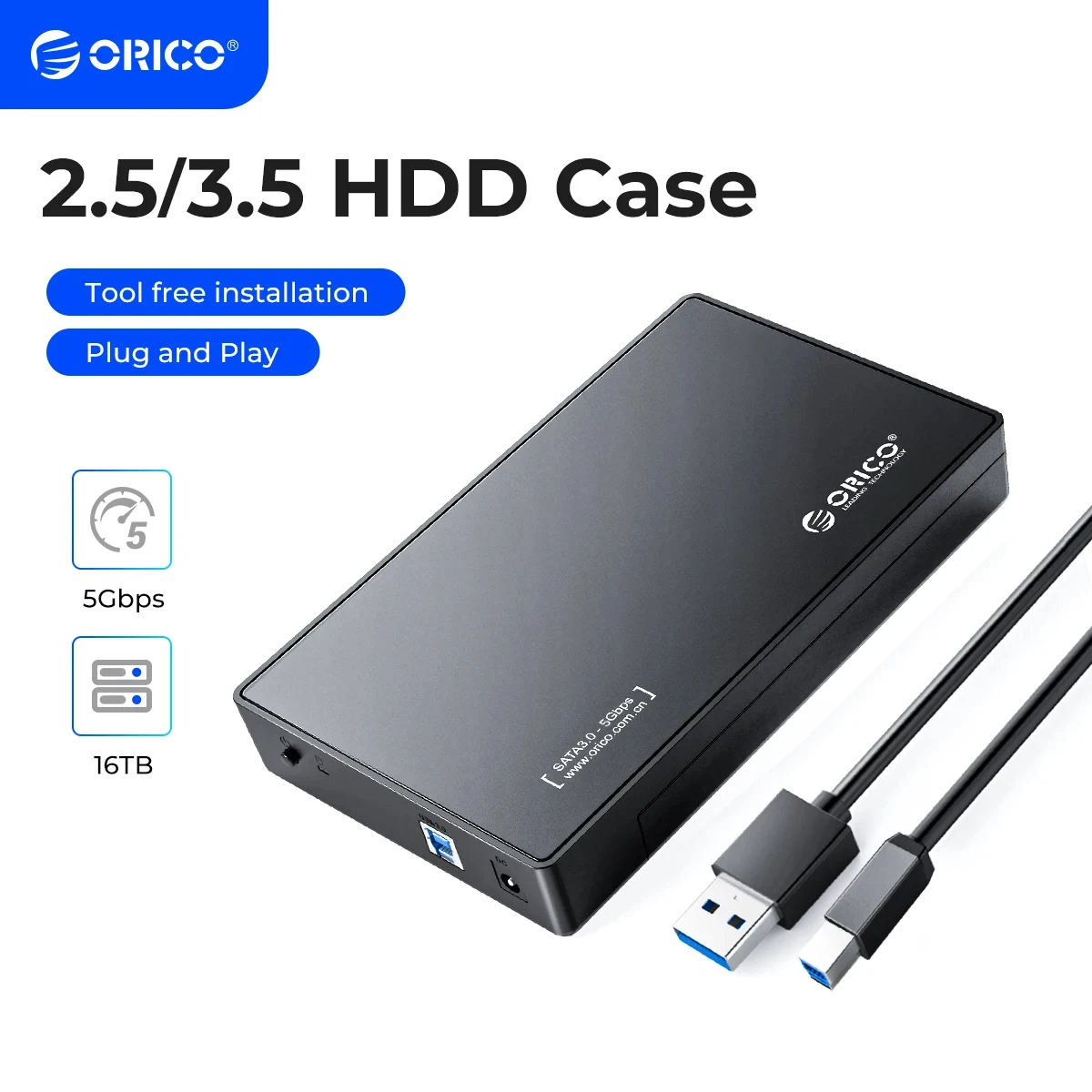 

Корпус внешнего жесткого диска ORICO USB 3.0 для жестких дисков SATA 3,5/2,5 дюйма/SSD до 20 ТБ с блоком питания 12 В/2 А UASP