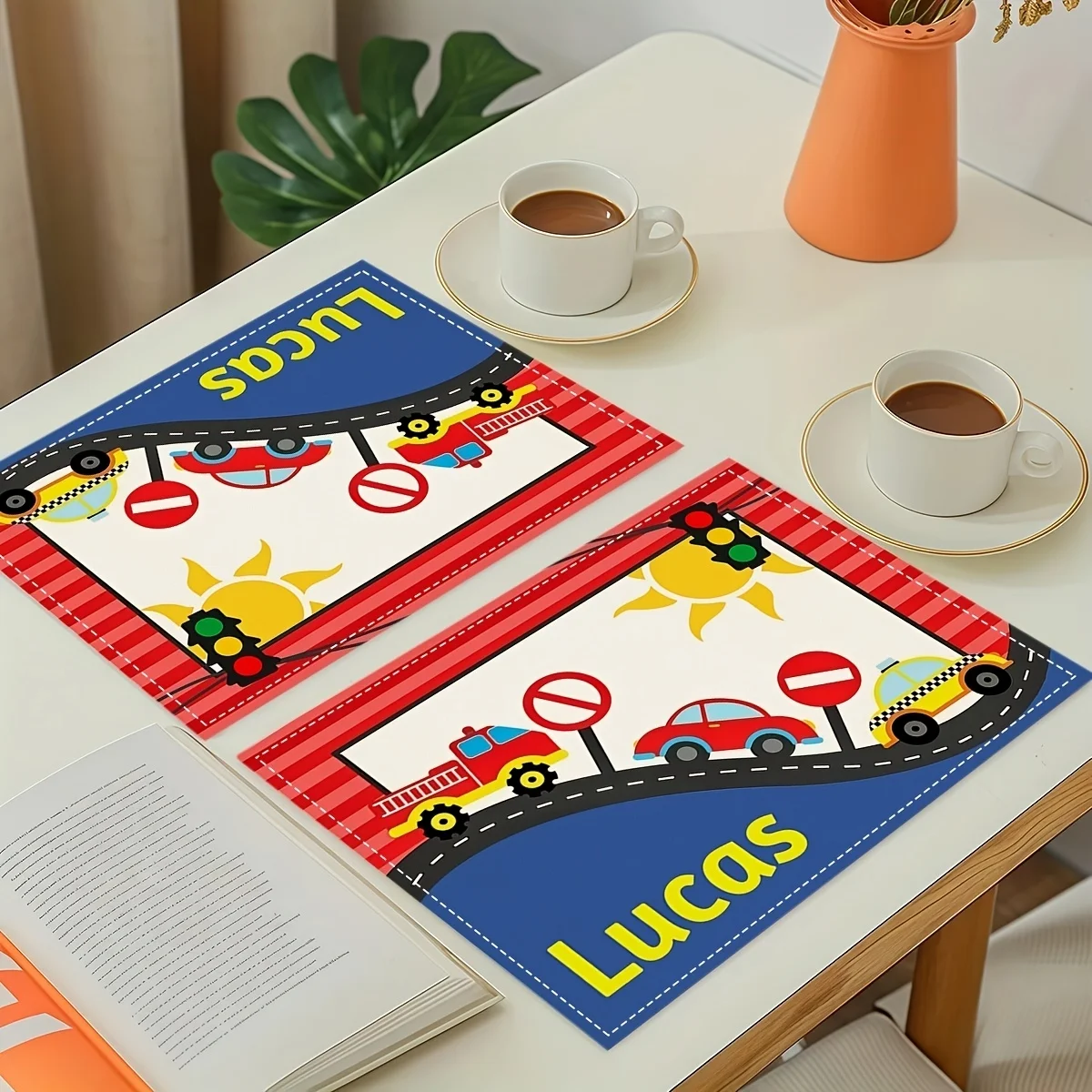 (Customizable) 4pcs Customizable Name Cartoon Car Traffic City Market Scene Pattern Placemats, Washable Ambient