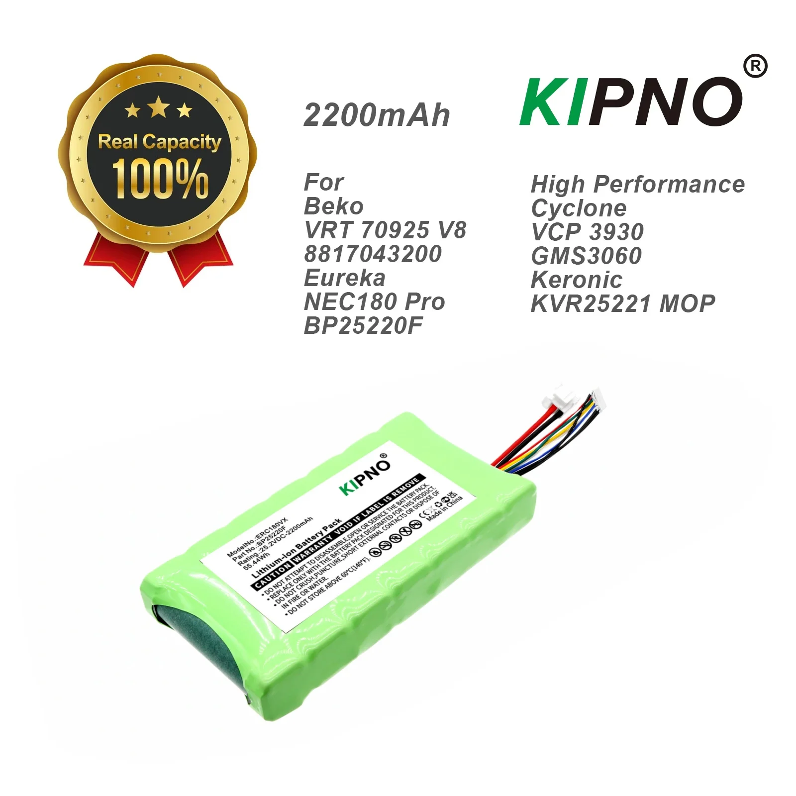 KIPNO Аккумулятор для пылесоса 25,2 В/2200 мАч BP25220F для Eureka NEC180 Pro, Midea VSS1800