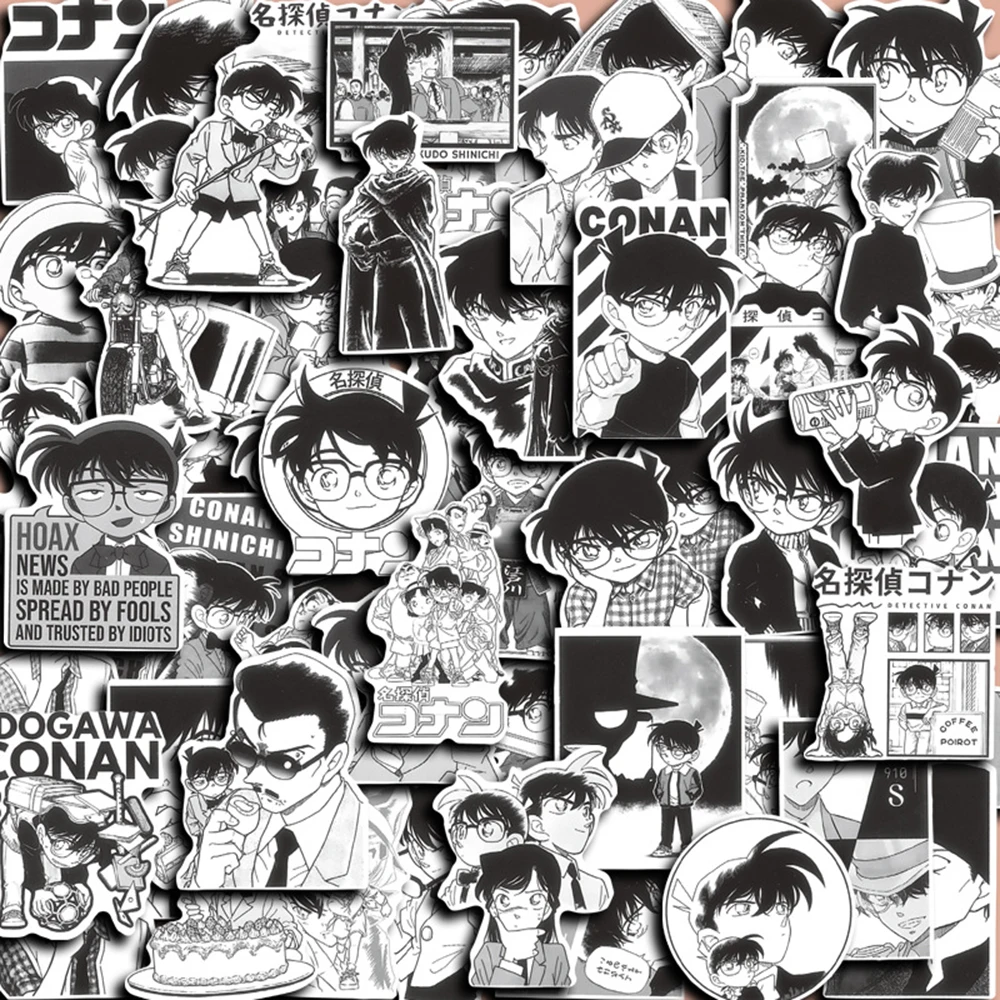 Pegatinas de dibujos animados de Detective Conan, calcomanía de PVC con grafiti de Manga de Anime, color blanco y negro, para funda de teléfono, casco, nevera y coche, DIY, 10/30/60 piezas