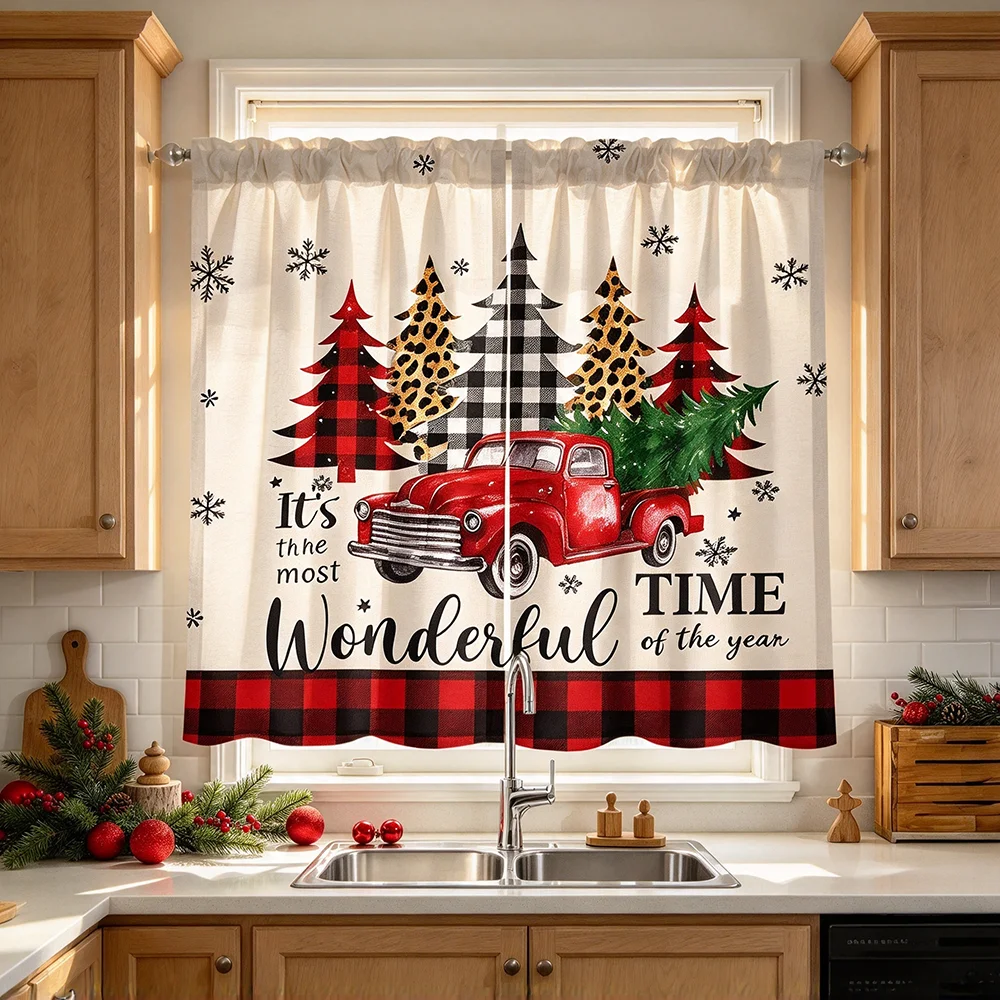 Tier Curtains Set for Kitchen, Red Truck Buffalo Plaid, Farmhouse Style, Christmas, with Valance, Warm Kitchen Window Drapes