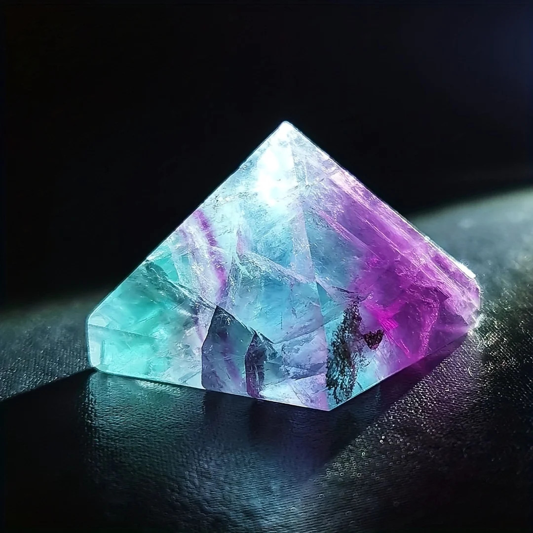 

Rainbow Fluorite Crystal Pyramid Ornament - Art Deco Purple Fluorite Colored Stone for Meditation and Energy Healing