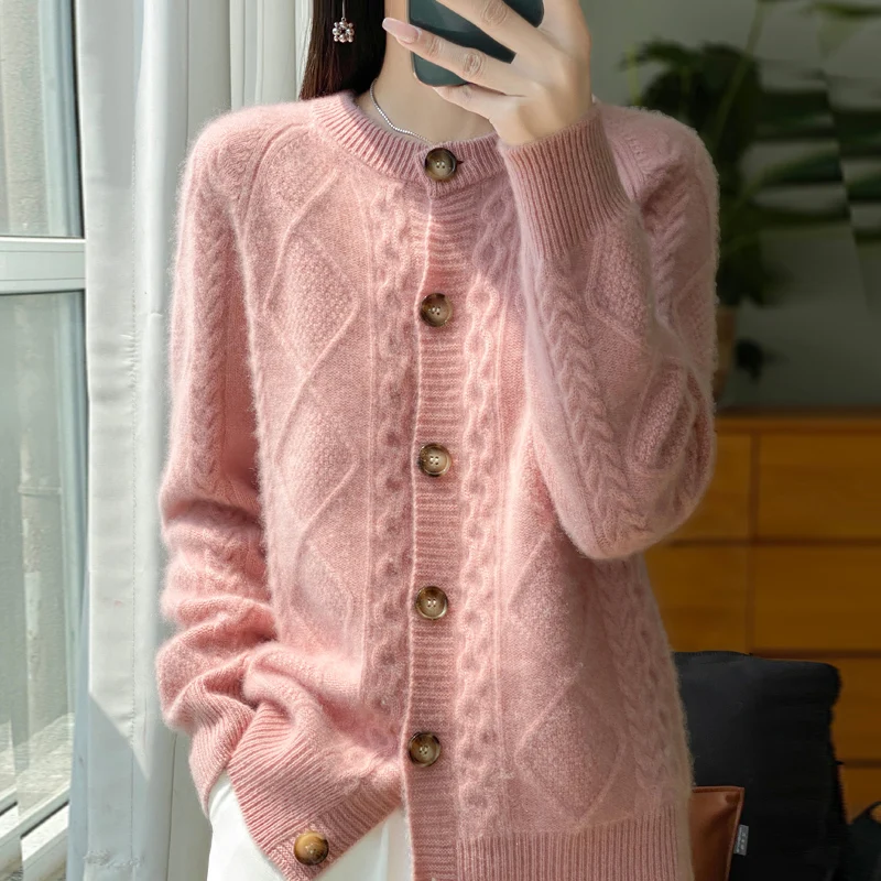 Autumn Winter New Women\'s Clothing 100% Pure Wool Round Neck Knitted Cardigan Fashion Twisted Flower Long Sleeve Tops Warm Shirt