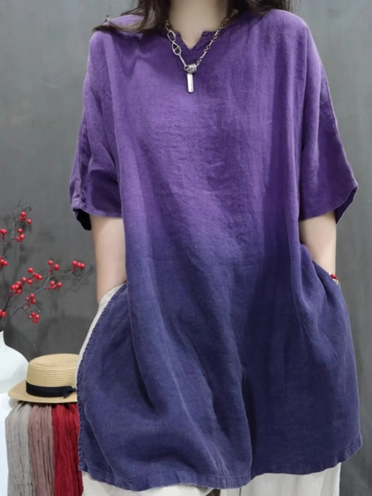 

Retro Sle Loose Women's Linen irt Summer Season Big Version gen Dyeing Personali Top Commute Sle Five Sve Length