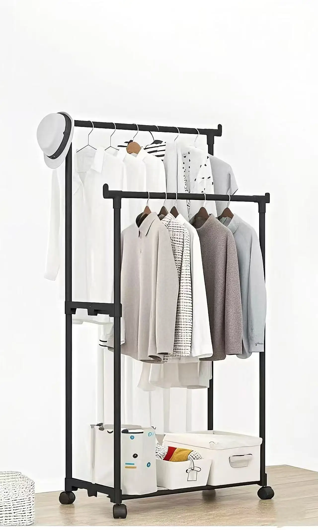 Double-layer mobile hanger Double hanger Pole Simple and convenient hanger Telescopic