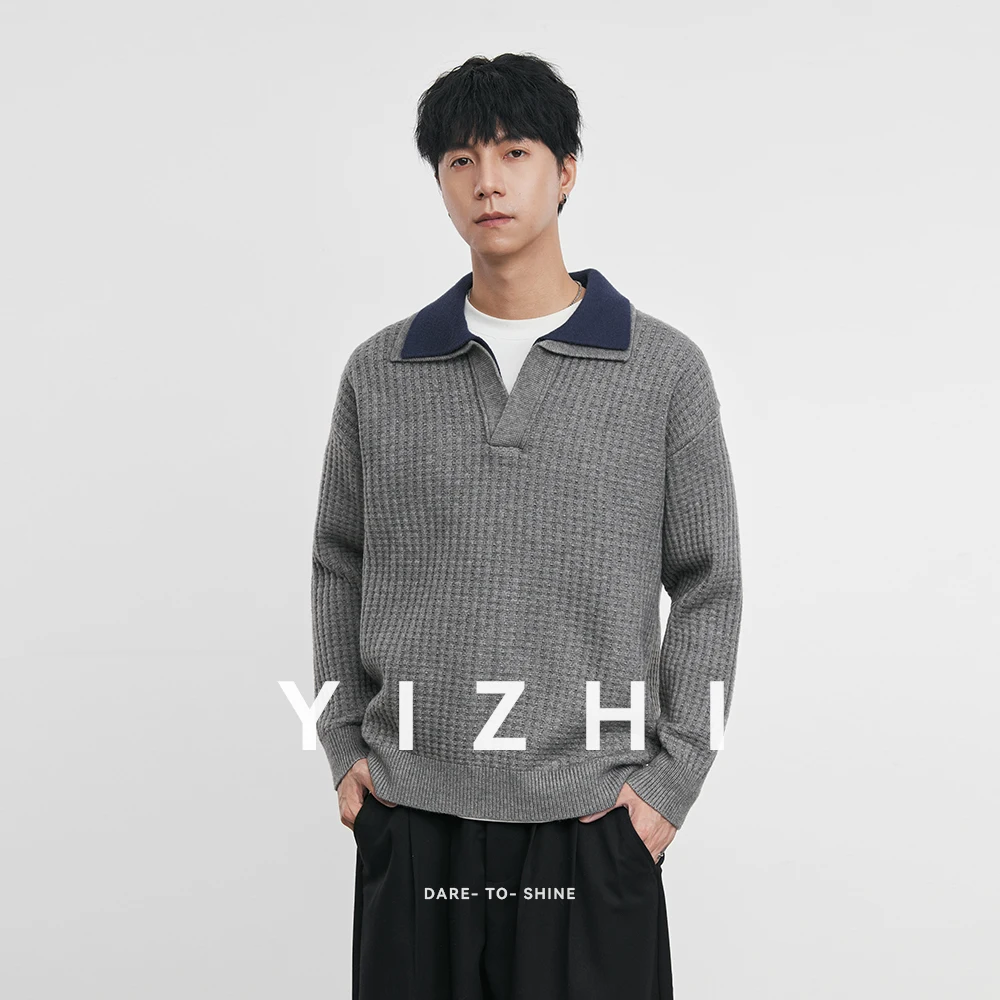 

Модный мужской вязаный свитер контрастного цвета с лацканами, осень-зима 202, новые свободные повседневные топы, мужской свитер с воротником-поло