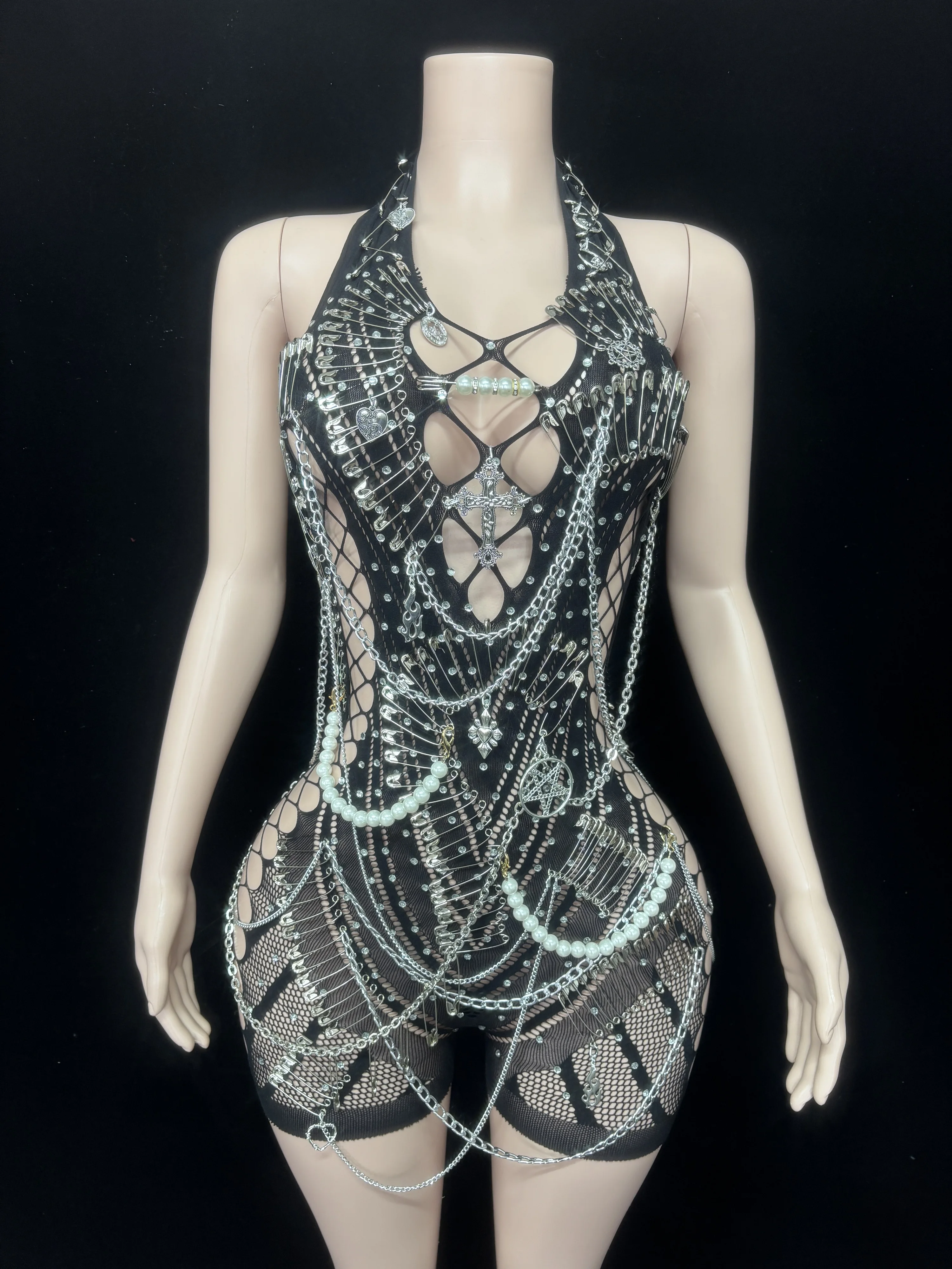 2025New Sexy Pin Pearl Chain Halter Sleeveless Hollow Out Backless Bodysuit Women Cool Nightclub Party Performance Stage Costume