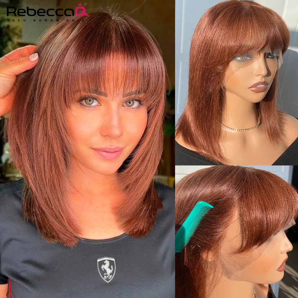 Borwn Wig Short Straight Bob Lace Front Wig With Bangs Cute Human Hair Bob Wigs For Women Brazilian Remy Hair Easy Part Lace Wig