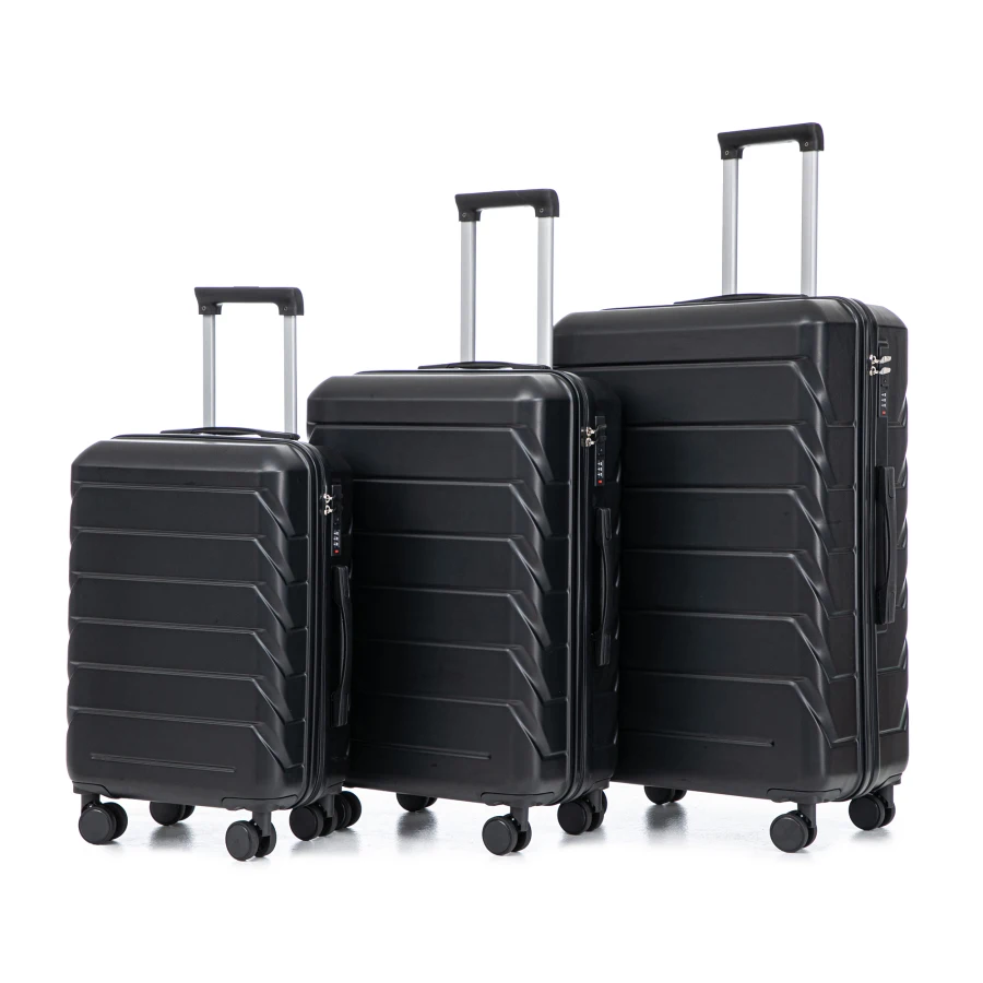 

Tourist luggage set for travel, ABS material, black color, spinner wheels and combination lock