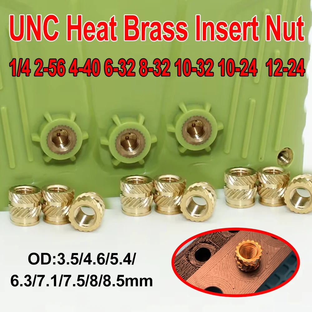 Brass Heat Insert Nut UNC Twilled Knurled Hot Melt Embedment for 3D Printing Nuts 1/4-20 2-56 4-40 6-32 8-32 10-32 10-24 12-24