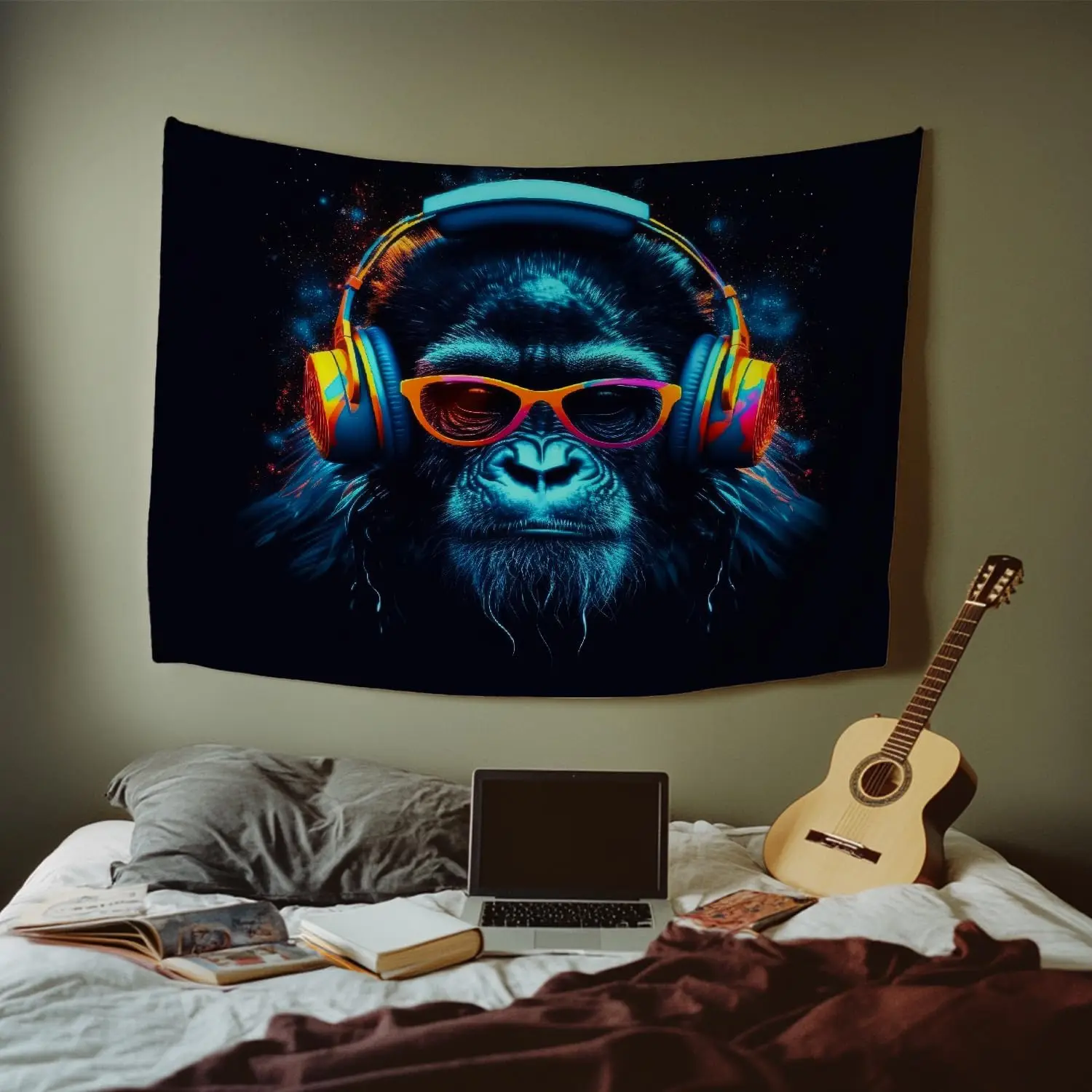 DJ Monkey Tapestry - Cool Gorilla with Headphones & Sunglasses, Neon Animal Wall Art, Music Room Decor, Bedroom Gaming,