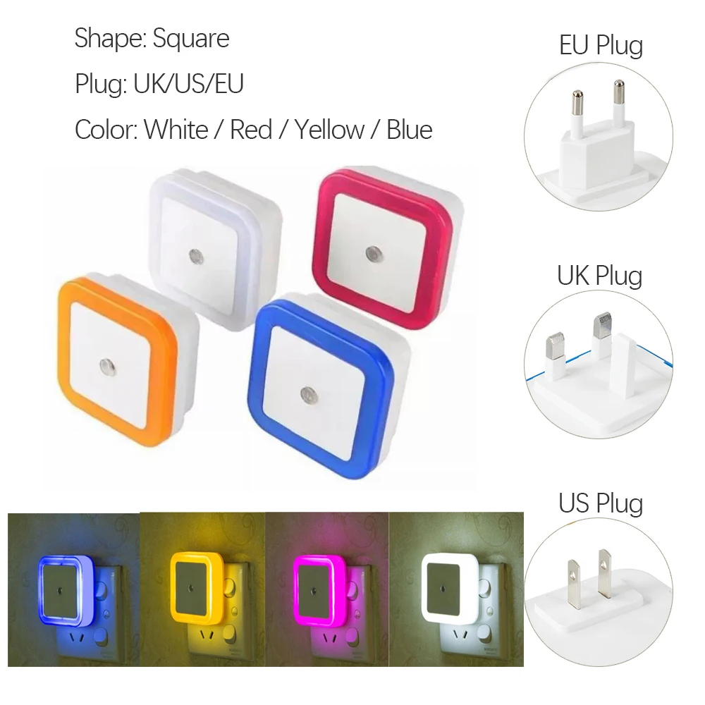 Mini LED Night Light EU/US/UK Plug in Dusk to Dawn Sensor Wall Nights Lamp Square per camera da letto corridoio scale corridoio 110V 220V