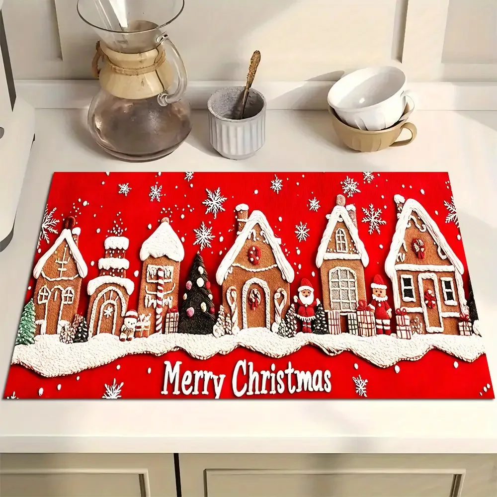 Village Gingerbread House Red Snowy Scene Print Washable Durable Kitchen Drying Mat For Festive Doorway Style