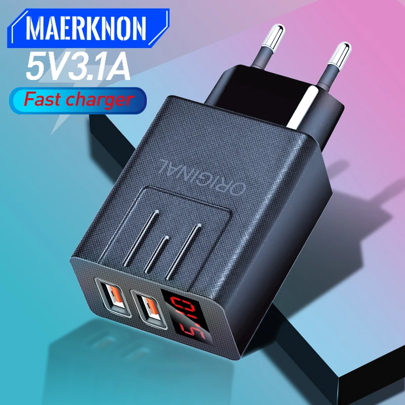 

US/EU Plug 2 USB Fast Charger For Xiaomi Iphone 12 Pro Max Quick Charge 3.0 Digital Display Wall Charger Smart phone USB Charger