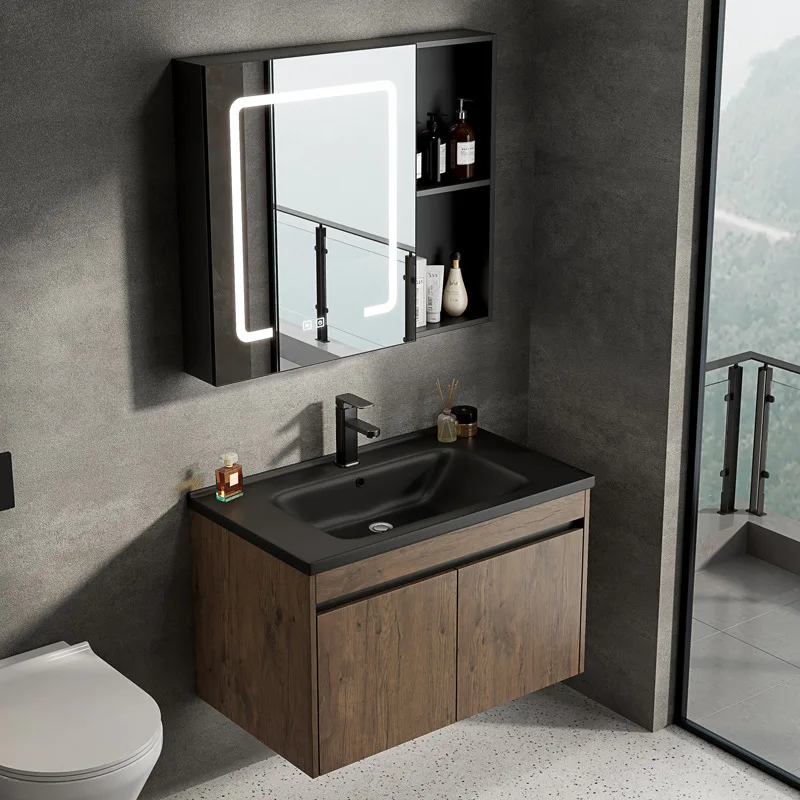 

Nordic walnut color bathroom cabinet ceramic washbasin cabinet small apartment hotel bathroom hand wash