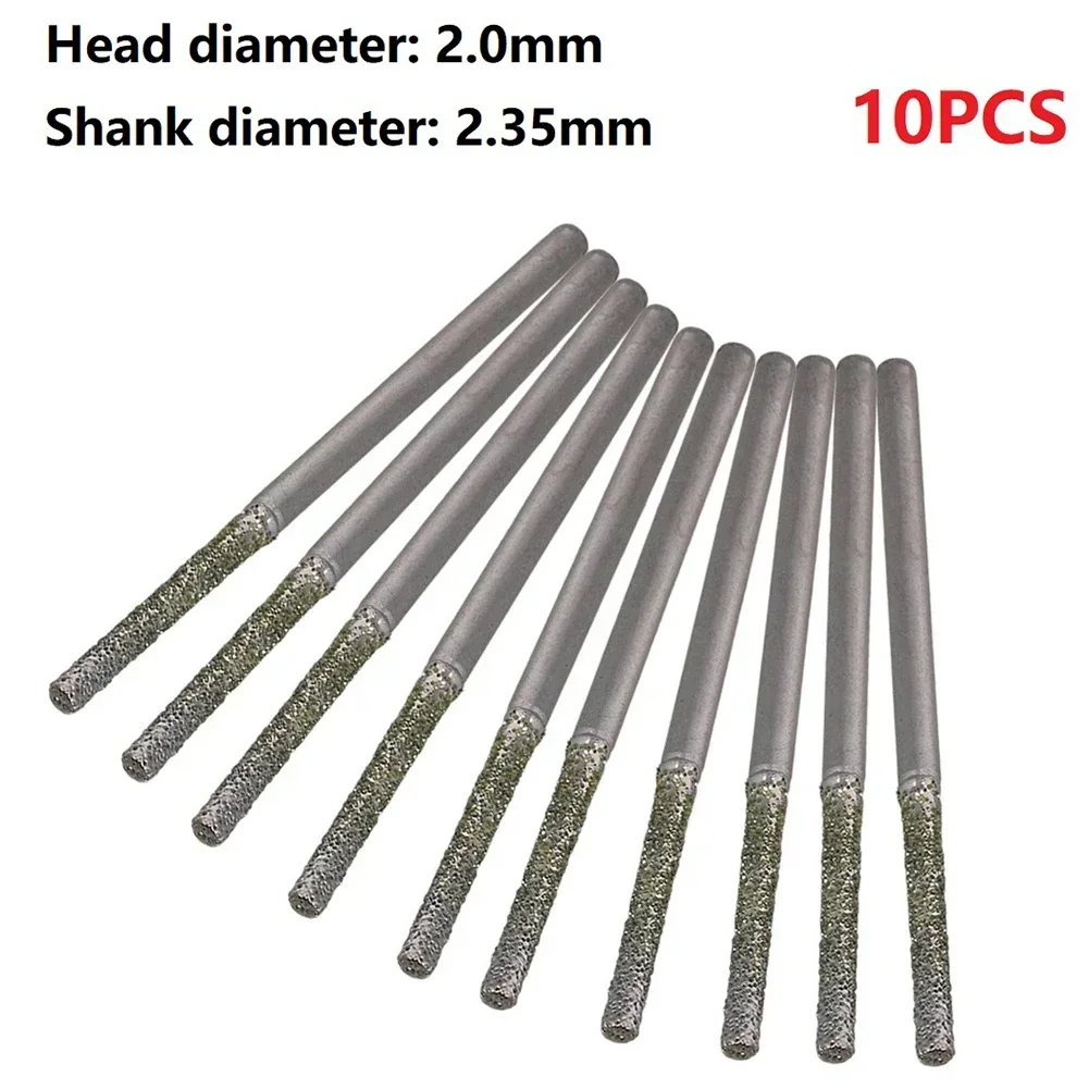 10pcs 2mm Lapidary Diamond Coated Solid Bits Gems Drilling Needle 2.35mm Shank Diamond Coated Cylindrical Burr General Tool