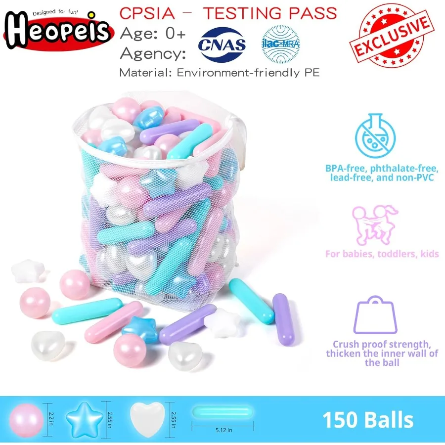 150 palline a sfera per pozzi a sfera Piscina per bambini Stella e cuori Forme diverse Palline giocattolo in plastica a prova di schiacciamento per i più piccoli Ph