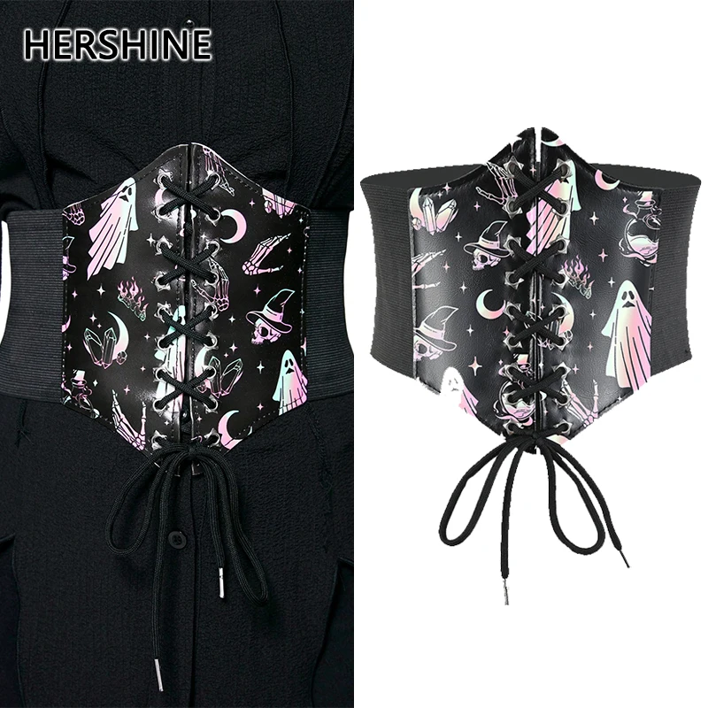 เข็มขัดหกเหลี่ยมพิมพ์ลายผีหลากสีสันสำหรับผู้หญิง HERSHINE 1 ชิ้น สไตล์โกธิค Y2K เหมาะสำหรับชุดเดรสและเครื่องประดับฮาโลวีน