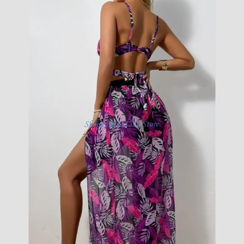 P9FC Women Bathing Suit Flower Print Swimwear 3 Pcs Split Swimsuit with Long Beach Skirt Push Up Swimming Costume Set