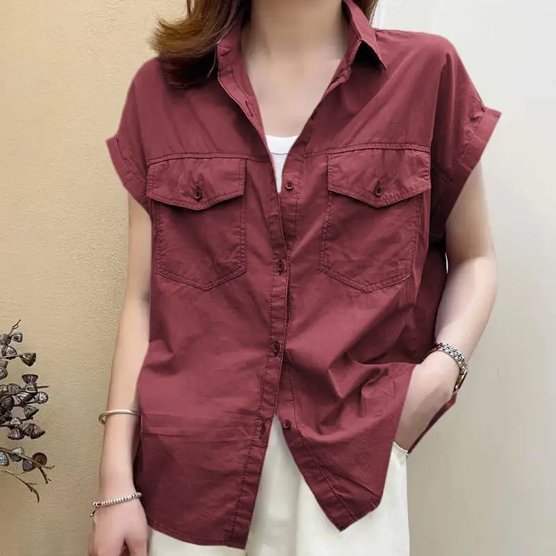 Thin 100% Pure Cotton Short Sleeved Shirt for Women\'s Summer New Loose Oversized Western-style Fashionable Casual Commuting Top