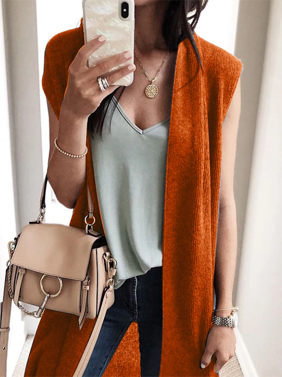 Women Vest Sleeveless Open Front Solid Loose Long Outwear Gilet for Casual Street