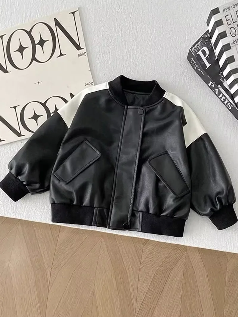 

2026 New Spring and Autumn Boys PU Motorcycle Robe Leather Jacket New Children's Splicing Casual Zipper Jacket