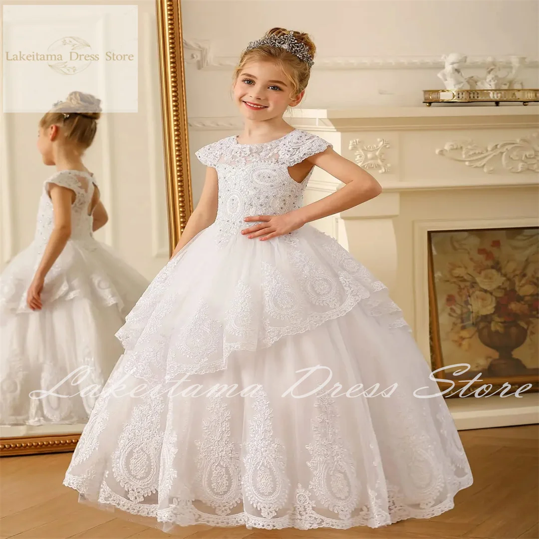 White Fower Girl Dresses For Wedding Cap Sleeves Pagenat Dress Long Toddlers Beaded Lace Applique First Communion Gowns