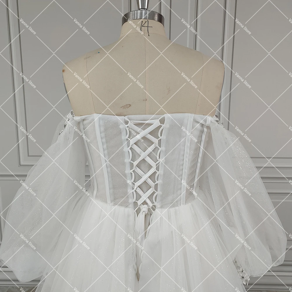 Vestidos de novia camisero transparentes con mangas largas de obispo personalizados, escote en forma de corazón, apliques de cuentas de Dubái, Fotos reales, vestido de novia