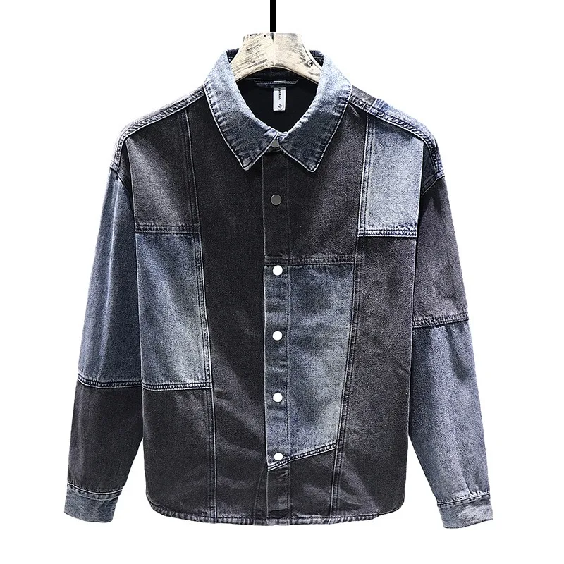 Retro Stitching Men\'s Fashion Denim Jacket Shirt Color Contrast Baggy High Street Patchwork Hiphop Lapel Male Clothing Jacket