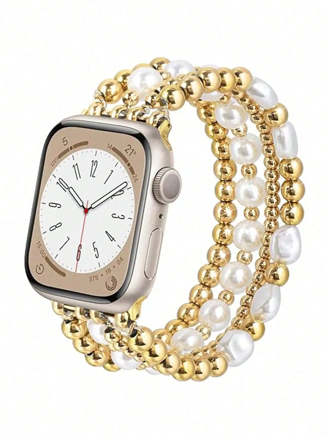 

Элегантный золотой ремешок для умных часов с жемчужными бусинами, эластичный, для смарт-часов 40/41/44/45 мм