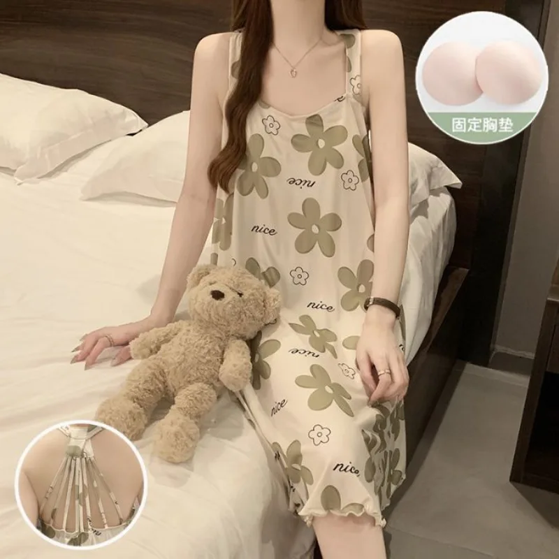 Large Size Summer Floral Pajama Dress with Chest Pad Nightgown Loose Can Be Worn Outside The Home Wear Korean Lady Sleepshirt