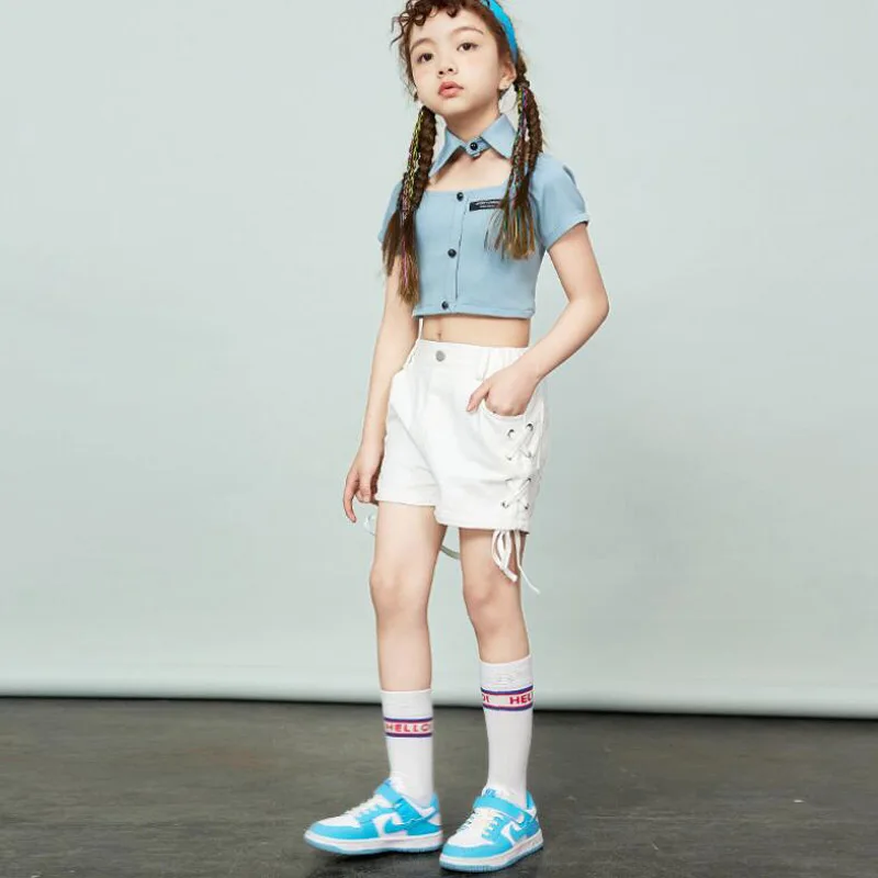 Girls Hip Hop Crop Top Solid Shorts Teen Street Dance White Cargo Pants Children Streetwear Kids Jazz Performance Clothes Set