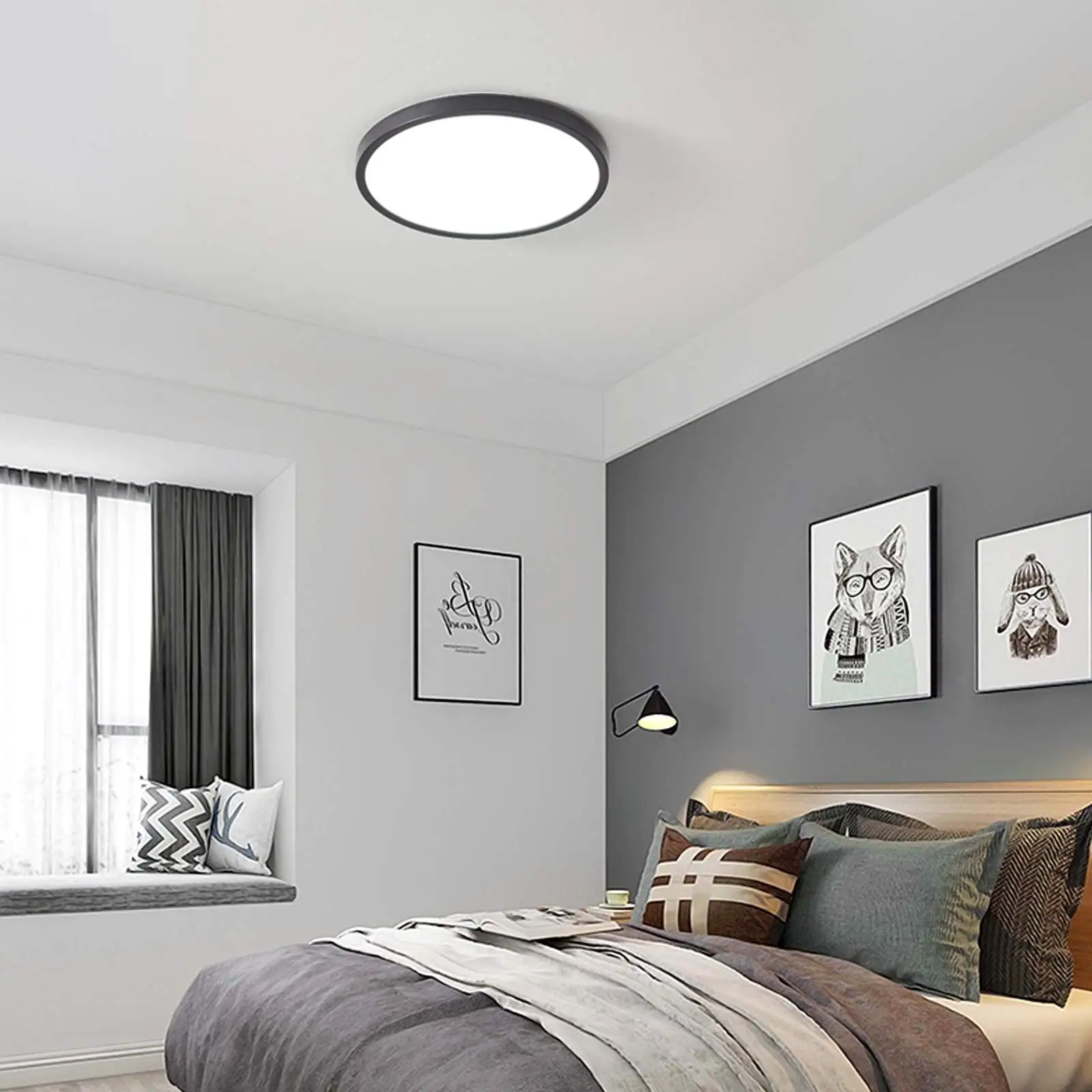 LED Flush Mount Ceiling Light, 16in Round Close to Ceiling Lamp, Modern Kitchen Lighting Fixture Black Thin for  room