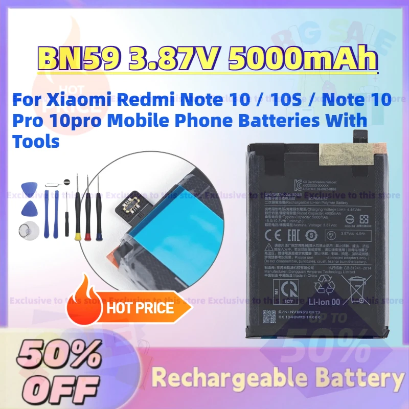 

BN59 3.87V 5000mAh Replacement Battery For Xiaomi Redmi Note 10 / 10S / Note 10 Pro 10pro Mobile Phone Batteries With Tools