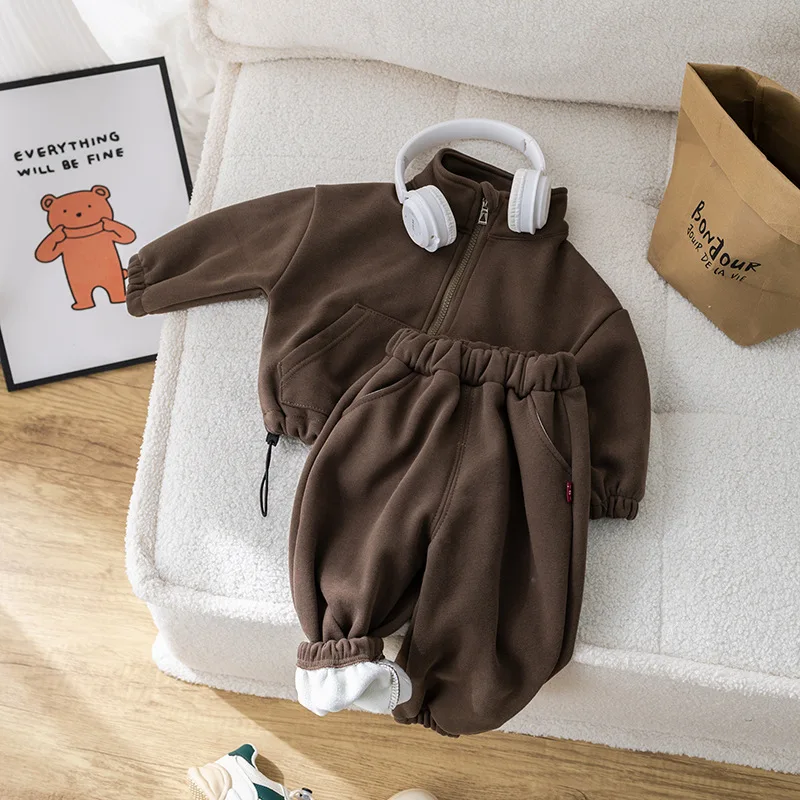 

2025 Winter New Baby Long Sleeve Warm Clothes Set Children Fleece Jacket+ Pants 2pcs Suit Plus Velvet Thick Toddler Outfits