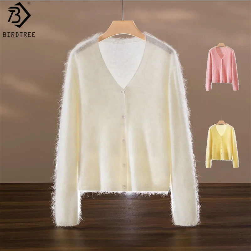 

Birdtree 95% Sheep Wool 5% Cashmere Seamless Cardigan,Woman V-neck Full Sleeve Single Breasted Knit Tops,2025 Autumn T58311JF